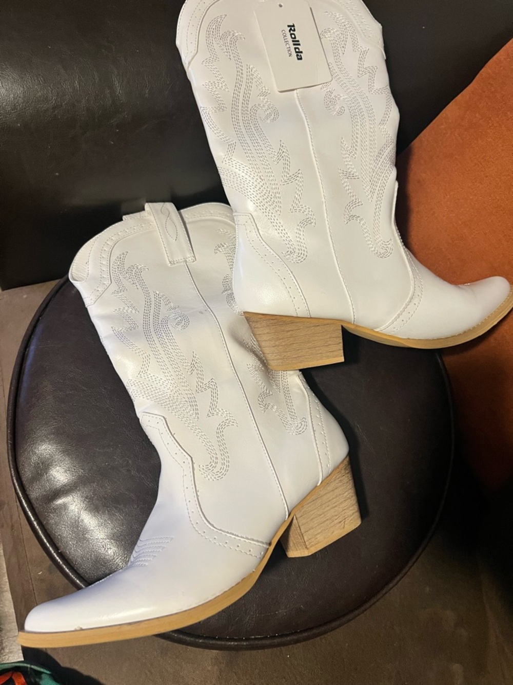 ROLLDA white mid calf western cowboy boots for women’s size 11 - Picture 7 of 11